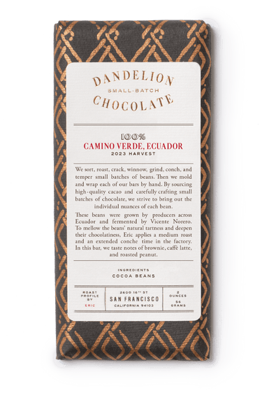 Dandelion Chocolate Chocolate Bar 100% Camino Verde, Ecuador, 2023 Harvest, Batch 1 Single-Origin Chocolate Bar