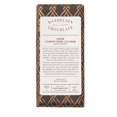 Dandelion Chocolate Chocolate Bar 100% Camino Verde, Ecuador, 2024 Harvest, Batch 1 Single-Origin Chocolate Bar