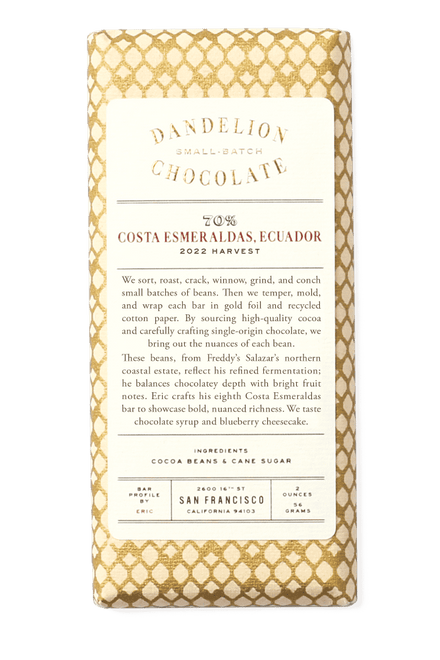 Dandelion Chocolate Chocolate Bar Costa Esmeraldas, Ecuador 70% 2022 Batch 2 Single-Origin Chocolate Bar