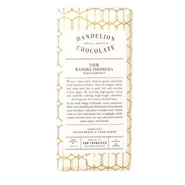 Dandelion Chocolate Chocolate Bar Ransiki, Indonesia 70% 2022 Harvest Single-Origin Chocolate Bar