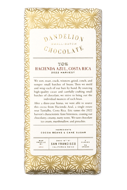 Dandelion Chocolate Chocolate Bar Hacienda Azul, Costa Rica 70% 2022 Harvest Single-Origin Chocolate Bar