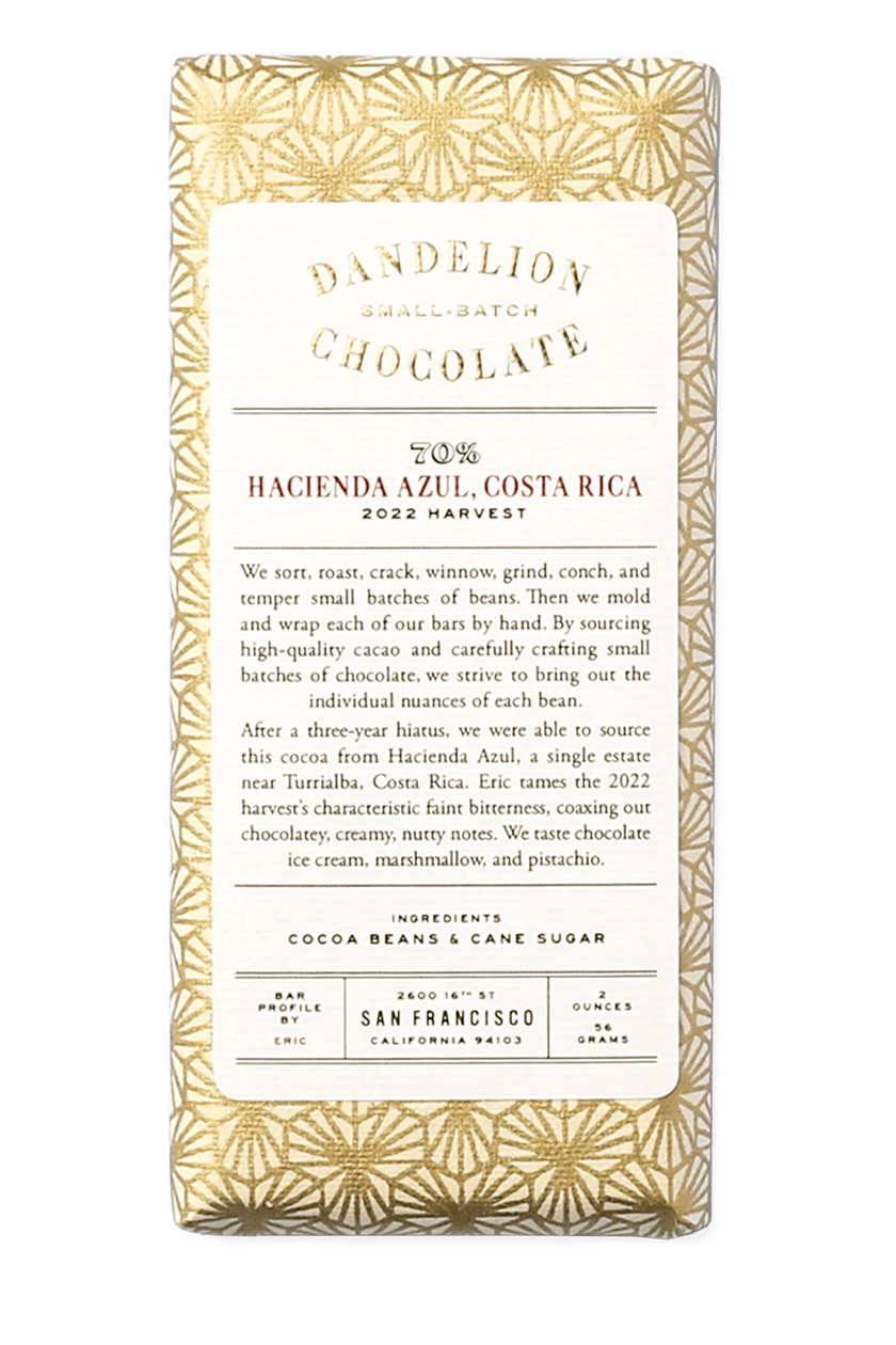 Dandelion Chocolate Chocolate Bar Hacienda Azul, Costa Rica 70% 2022 Harvest Single-Origin Chocolate Bar