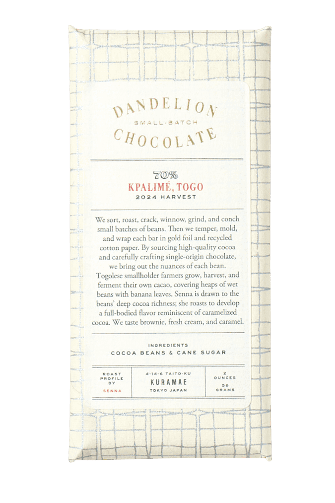 Dandelion Chocolate DCJ -Kpalime, Togo, 2024, 70% Single-Origin Chocolate Bar