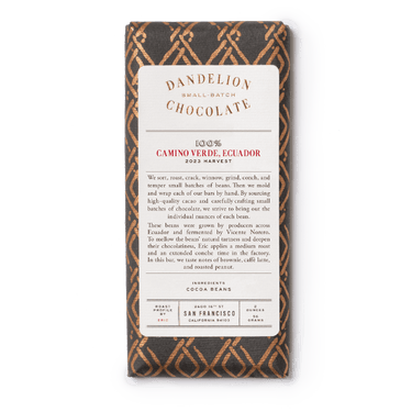 Dandelion Chocolate Chocolate Bar 100% Camino Verde, Ecuador, 2023 Harvest, Batch 1 Single-Origin Chocolate Bar