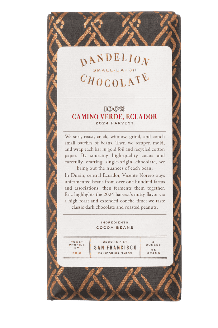 Dandelion Chocolate Chocolate Bar 100% Camino Verde, Ecuador, 2024 Harvest, Batch 1 Single-Origin Chocolate Bar