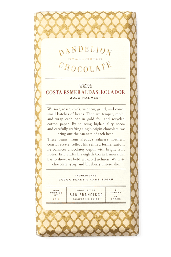 Dandelion Chocolate Chocolate Bar Costa Esmeraldas, Ecuador 70% 2022 Batch 2 Single-Origin Chocolate Bar
