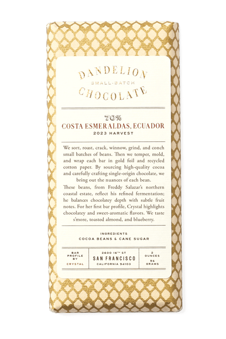 Dandelion Chocolate Chocolate Bar Costa Esmeraldas, Ecuador 70% 2023 Batch 1 Single-Origin Chocolate Bar