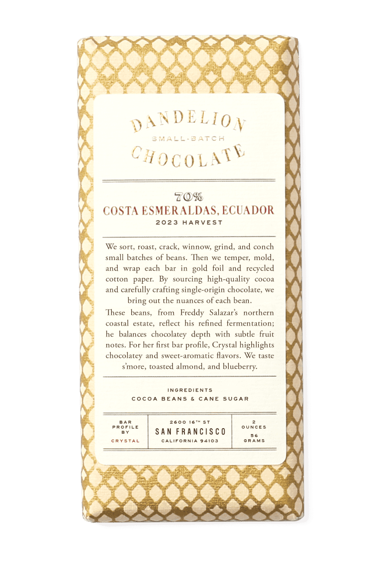 Dandelion Chocolate Chocolate Bar Costa Esmeraldas, Ecuador 70% 2023 Batch 1 Single-Origin Chocolate Bar