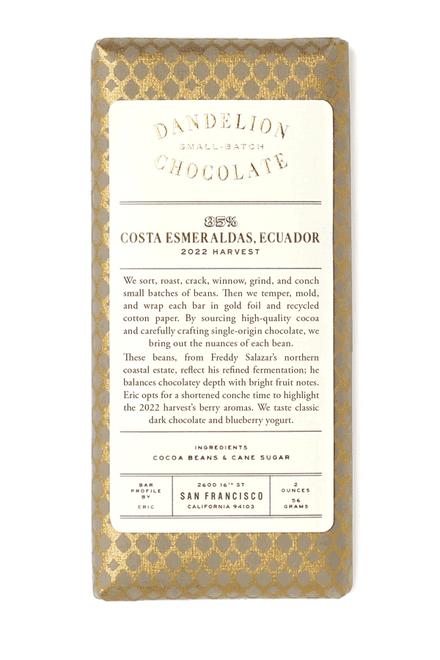 Dandelion Chocolate Chocolate Bar Costa Esmeraldas, Ecuador 85% 2022 Batch 1 Single-Origin Chocolate Bar