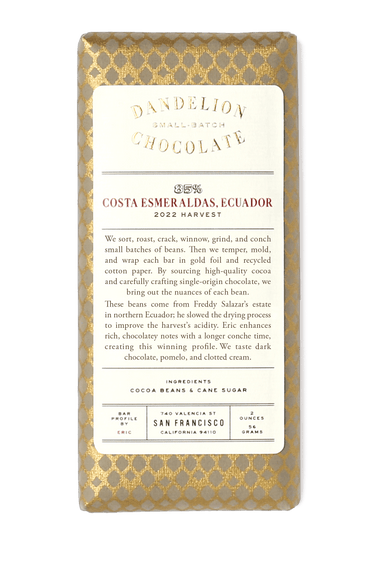 Dandelion Chocolate Chocolate Bar Costa Esmeraldas, Ecuador 85% 2022 Batch 1 Single-Origin Chocolate Bar