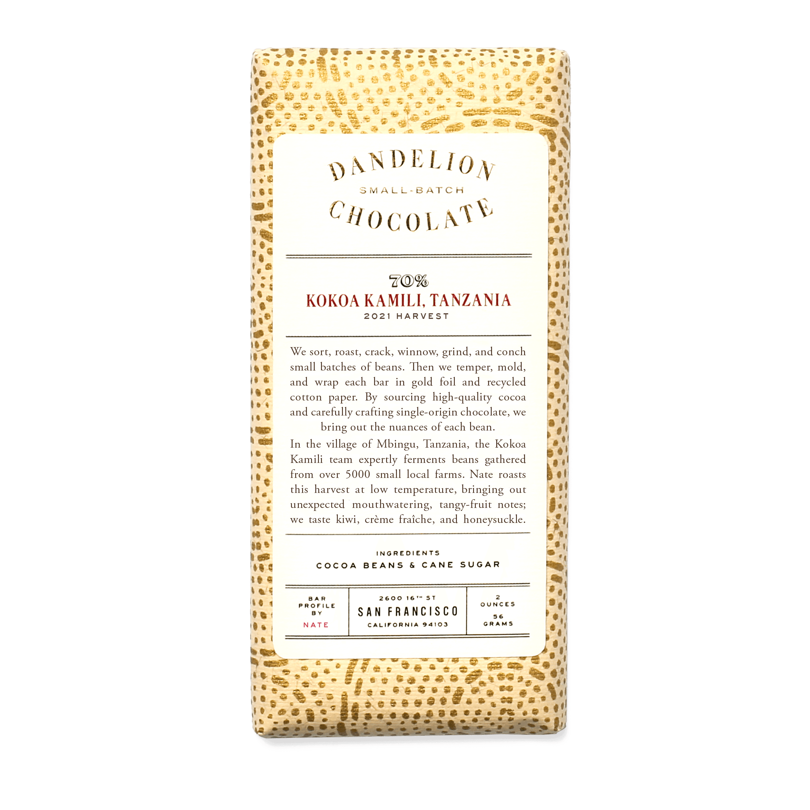 Dandelion Chocolate Chocolate Bar Kokoa Kamili, Tanzania 70% 2021 Harvest Single-Origin Chocolate Bar