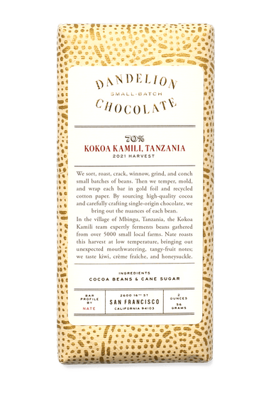 Dandelion Chocolate Chocolate Bar Kokoa Kamili, Tanzania 70% 2021 Harvest Single-Origin Chocolate Bar