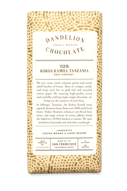 Dandelion Chocolate Chocolate Bar Kokoa Kamili, Tanzania 70% 2023 Harvest Single-Origin Chocolate Bar