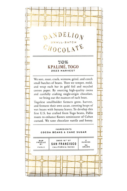 Dandelion Chocolate Chocolate Bar Kpalimé, Togo 70% 2023 Harvest Single-Origin Chocolate Bar