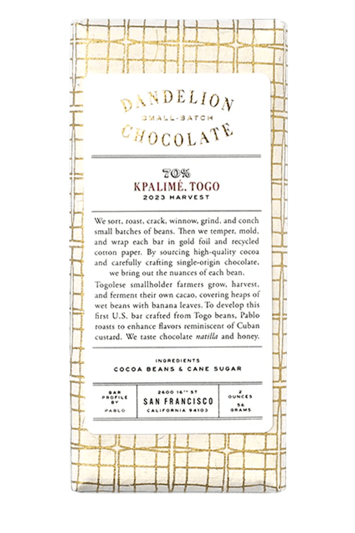 Dandelion Chocolate Chocolate Bar Kpalimé, Togo 70% 2023 Harvest Single-Origin Chocolate Bar