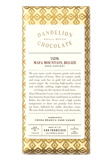 Dandelion Chocolate Chocolate Bar Maya Mountain, Belize 70% 2022 Harvest Single-Origin Chocolate Bar