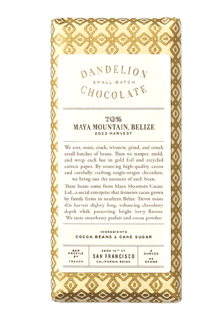 Dandelion Chocolate Chocolate Bar Maya Mountain, Belize 70% 2023 Harvest Single-Origin Chocolate Bar