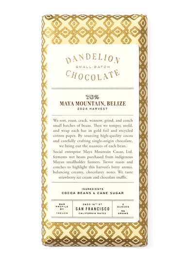 Dandelion Chocolate Chocolate Bar Maya Mountain, Belize 70% 2024 Harvest Single-Origin Chocolate Bar