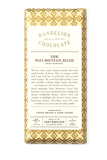 Dandelion Chocolate Chocolate Bar Maya Mountain, Belize 70% 2024 Harvest Single-Origin Chocolate Bar