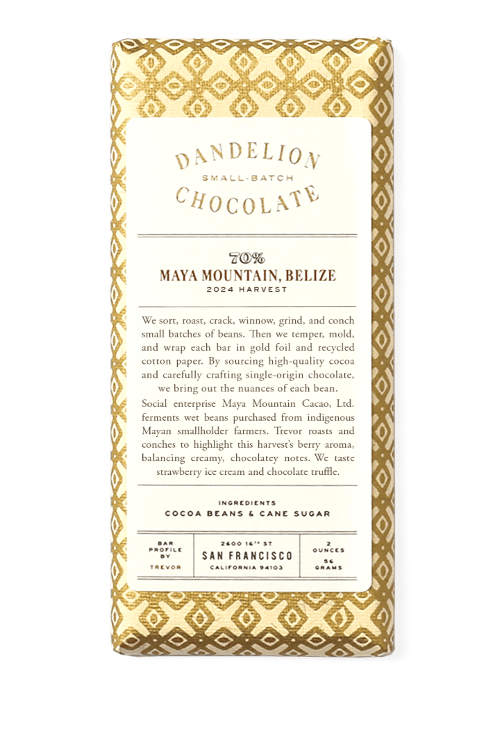 Dandelion Chocolate Chocolate Bar Maya Mountain, Belize 70% 2024 Harvest Single-Origin Chocolate Bar