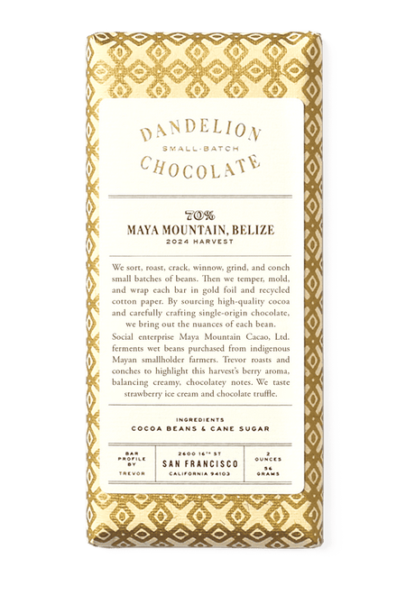 Dandelion Chocolate Chocolate Bar Maya Mountain, Belize 70% 2024 Harvest Single-Origin Chocolate Bar