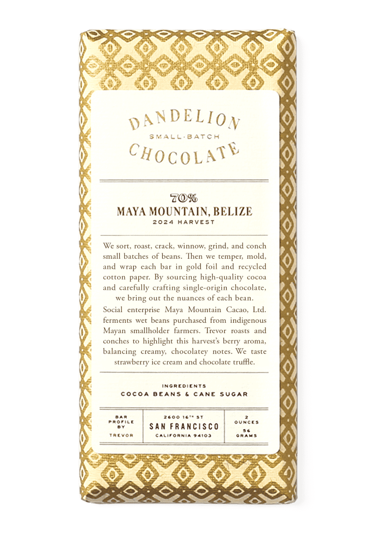 Dandelion Chocolate Chocolate Bar Maya Mountain, Belize 70% 2024 Harvest Single-Origin Chocolate Bar