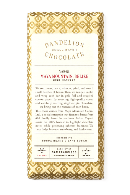 Dandelion Chocolate Chocolate Bar Maya Mountain, Belize 70% 2025 Harvest Single-Origin Chocolate Bar