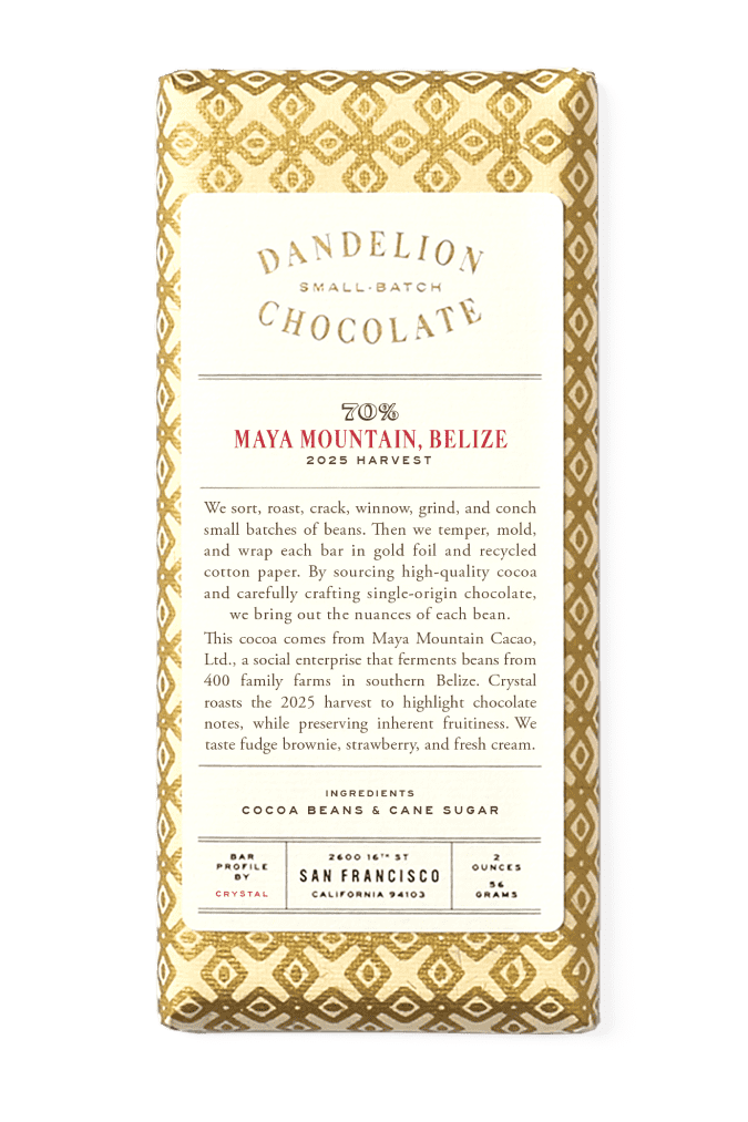 Dandelion Chocolate Chocolate Bar Maya Mountain, Belize 70% 2025 Harvest Single-Origin Chocolate Bar