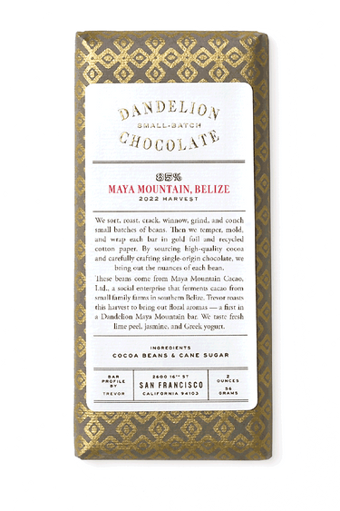 Dandelion Chocolate Chocolate Bar Maya Mountain, Belize 85% 2022 Batch 1 Single-Origin Chocolate Bar