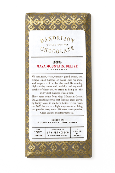 Dandelion Chocolate Chocolate Bar Maya Mountain, Belize 85% 2023 Batch 1 Single-Origin Chocolate Bar