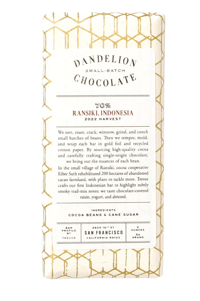 Dandelion Chocolate Chocolate Bar Ransiki, Indonesia 70% 2022 Harvest Single-Origin Chocolate Bar