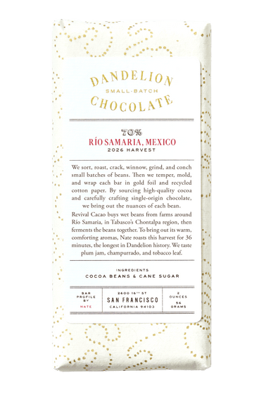 Dandelion Chocolate Chocolate Bar Río Samaria, Mexico, 2026, 70%  Single-Origin Chocolate Bar