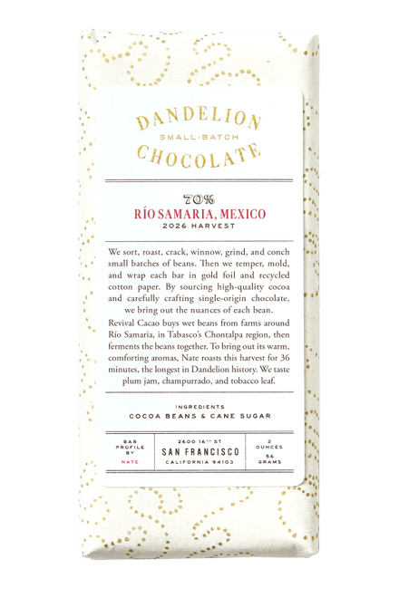 Dandelion Chocolate Chocolate Bar Río Samaria, Mexico, 2026, 70%  Single-Origin Chocolate Bar
