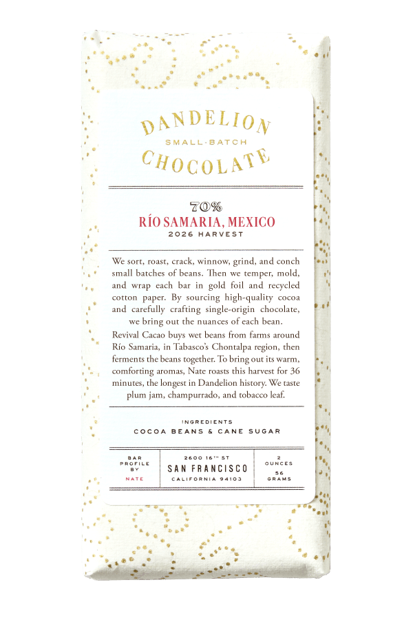 Dandelion Chocolate Chocolate Bar Río Samaria, Mexico, 2026, 70%  Single-Origin Chocolate Bar