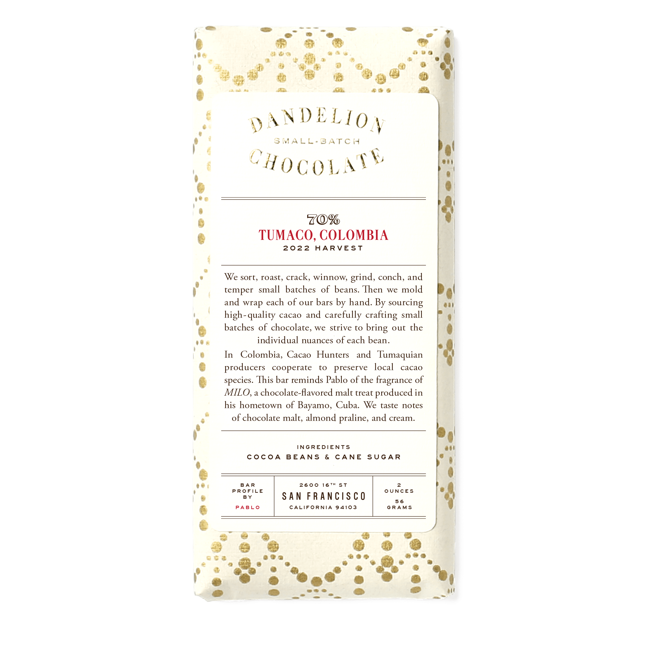 Dandelion Chocolate Chocolate Bar Tumaco, Colombia 70% 2022 Harvest Single-Origin Chocolate Bar