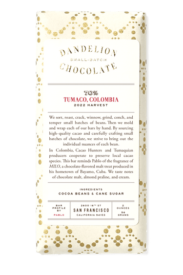 Dandelion Chocolate Chocolate Bar Tumaco, Colombia 70% 2022 Harvest Single-Origin Chocolate Bar