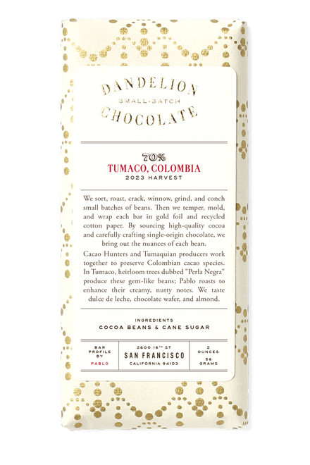 Dandelion Chocolate Chocolate Bar Tumaco, Colombia 70% 2023 Harvest Single-Origin Chocolate Bar