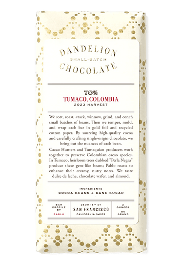 Dandelion Chocolate Chocolate Bar Tumaco, Colombia 70% Single-Origin Chocolate Bar