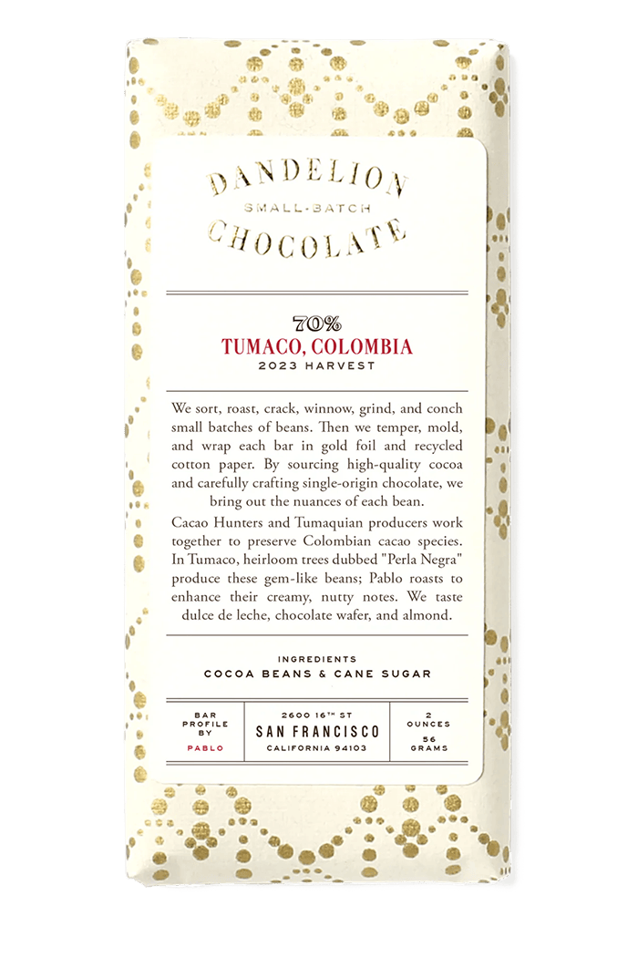 Dandelion Chocolate Chocolate Bar Tumaco, Colombia 70% Single-Origin Chocolate Bar