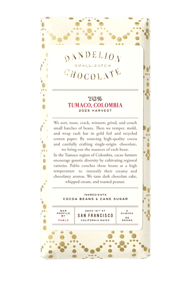 Dandelion Chocolate Chocolate Bar Tumaco, Colombia 70% Single-Origin Chocolate Bar
