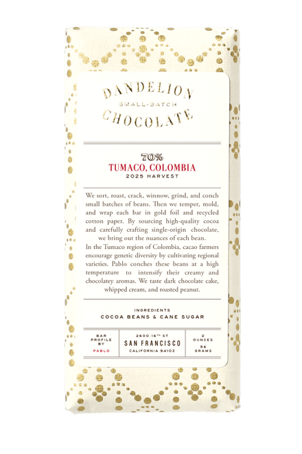 Dandelion Chocolate Chocolate Bar Tumaco, Colombia 70% Single-Origin Chocolate Bar