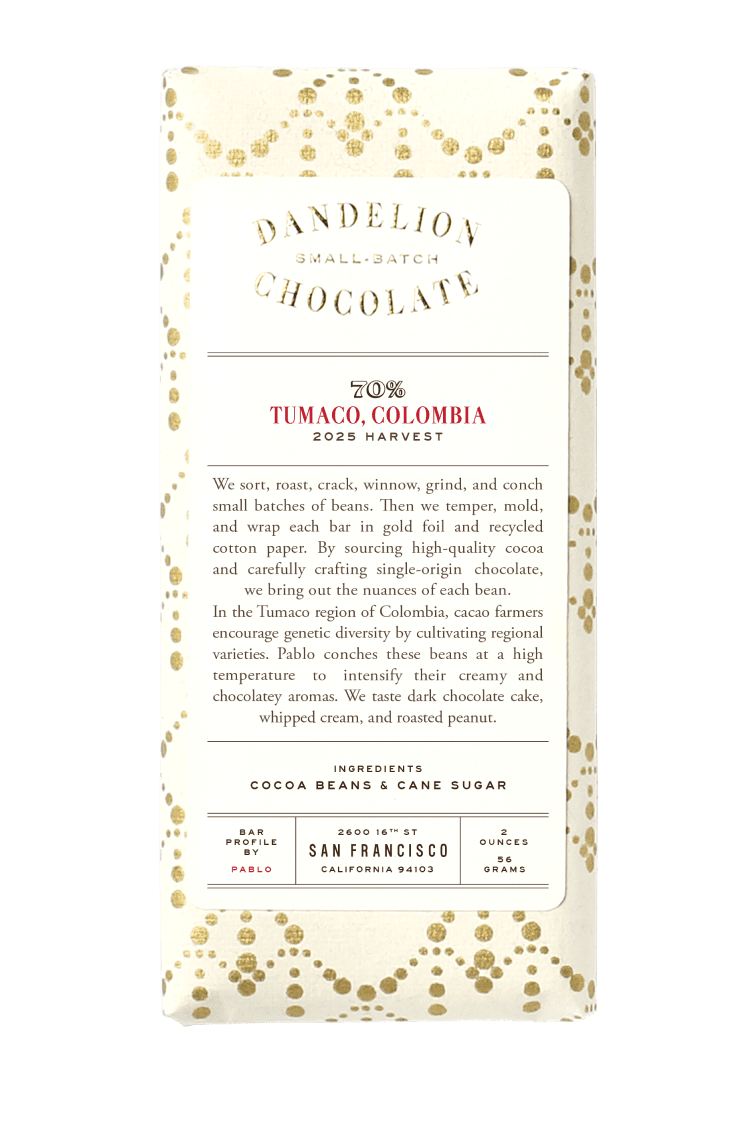 Dandelion Chocolate Chocolate Bar Tumaco, Colombia 70% Single-Origin Chocolate Bar