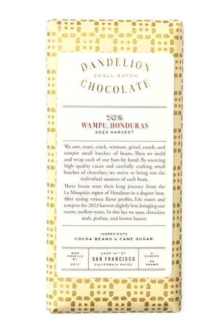 Dandelion Chocolate Chocolate Bar Wampu, Honduras 70% 2023 Harvest Single-Origin Chocolate Bar