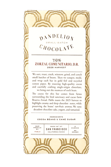 Dandelion Chocolate Chocolate Bar Zorzal Comunitario, Dominican Republic 70% Single-Origin Chocolate Bar