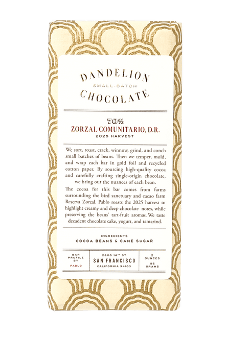 Dandelion Chocolate Chocolate Bar Zorzal Comunitario, Dominican Republic 70% Single-Origin Chocolate Bar