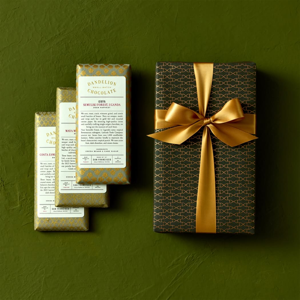 Dandelion Chocolate Gift Giftwrapped 85% Three-Bar Gift Set