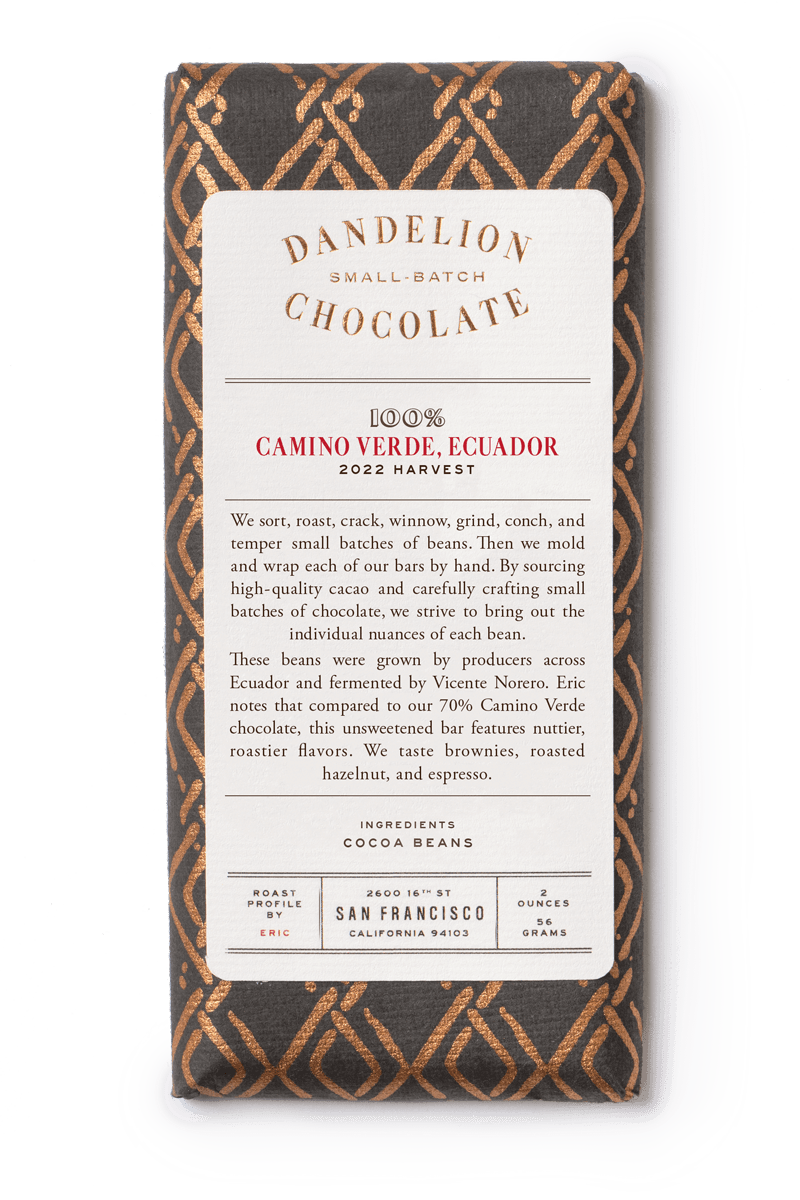 Dandelion Chocolate Chocolate Bar Camino Verde, Ecuador 100% 2022 Harvest Single-Origin Chocolate Bar Batch 1