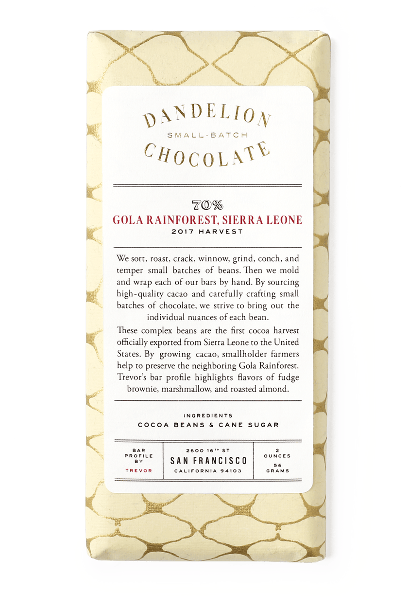 Dandelion Chocolate Chocolate Bar Gola Rainforest, Sierra Leone 70% 2017 Harvest Single-Origin Chocolate Bar