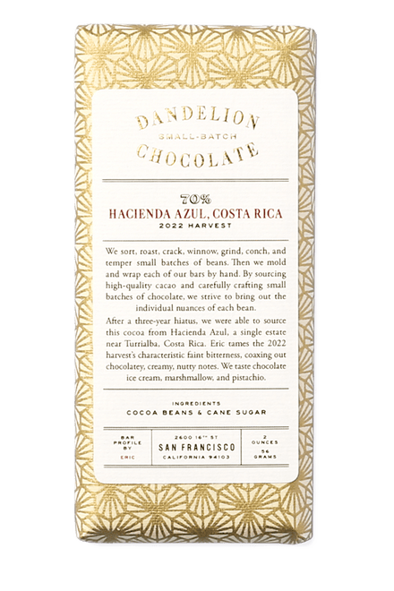 Dandelion Chocolate Chocolate Bar Hacienda Azul, Costa Rica 70% 2022 Harvest Single-Origin Chocolate Bar