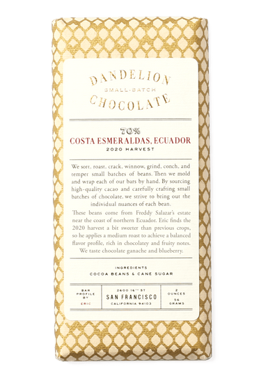 Dandelion Chocolate Costa Esmeraldas, Ecuador 2020 70% Batch 2 Single-Origin Chocolate Bar